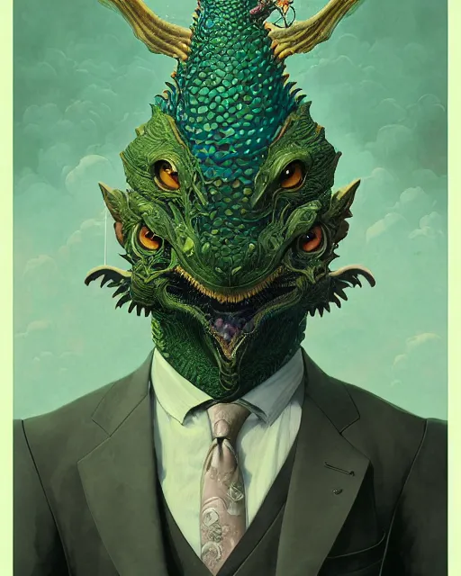 Image similar to anthropomorphic art of a businessman dragon, green dragon, portrait, victorian inspired clothing by artgerm, victo ngai, ryohei hase, artstation. fractal papers, newspaper. stock certificate, highly detailed digital painting, smooth, global illumination, fantasy art by greg rutkowsky, karl spitzweg