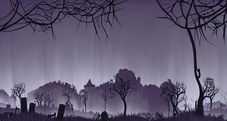 Prompt: Scene in a creepy graveyard from Samurai Jack by Genndy Tartakovsky and Eyvind Earle