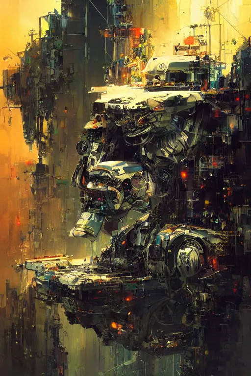 Prompt: robot contemplates death, synthwave, glitch, fracture, realistic, hyperdetailed, chiaroscuro, concept art, art by john berkey