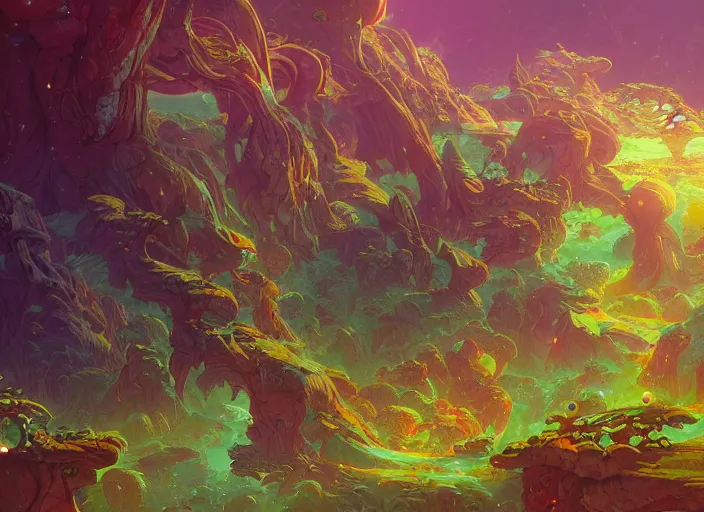 Image similar to psychedelic concept art of a spiraling alien landscape made of fungus and dragons, cel shaded, in the style of makoto shinkai and moebius and peter mohrbacher and anton fadeev