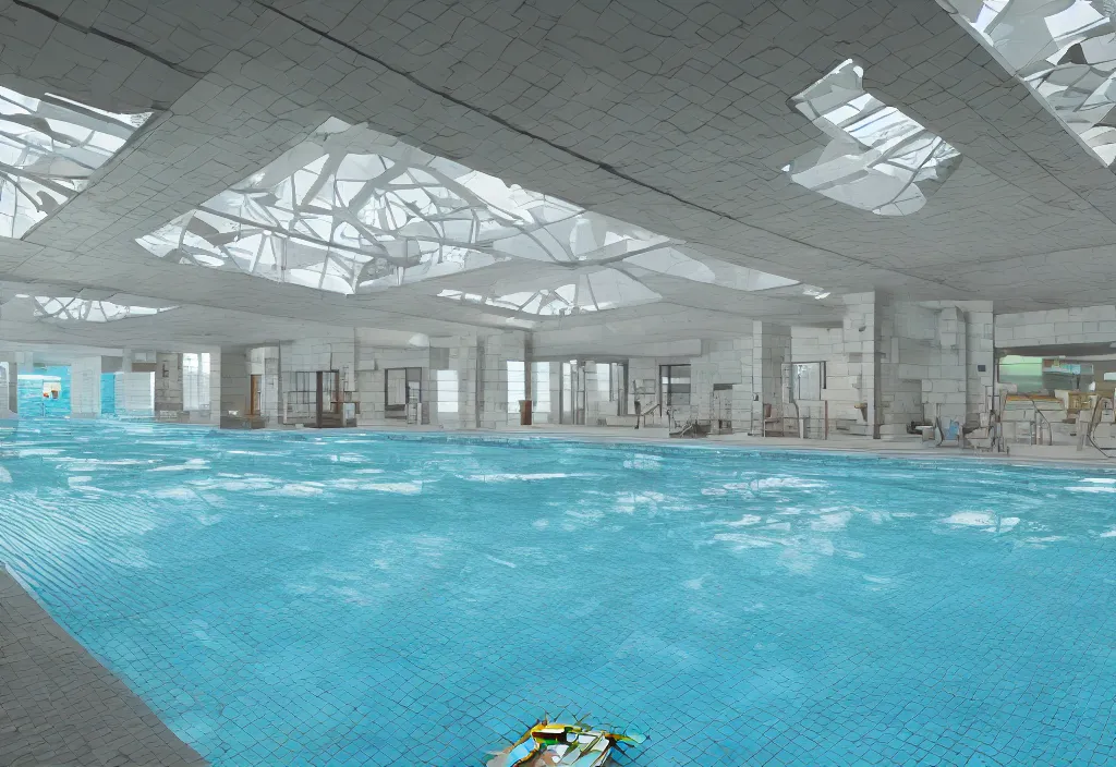 Image similar to an indoor pool area with no people and blocky architecture, tiles on floor, walls, and ceiling, water slides twist round, photo realistic