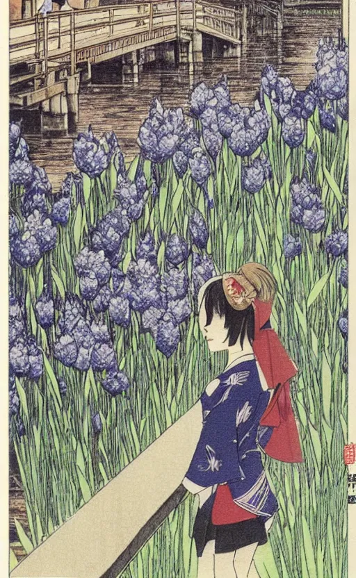 Image similar to by akio watanabe, manga art, a blond girl is looking at wooden lake bridge and iris flowers, trading card front, kimono, realistic anatomy