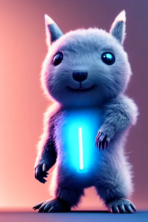 Image similar to high quality 3 d render sci - fi very cute fluffy! wombat!! mecha soldier dancing, highly detailed, unreal engine cinematic smooth, in the style of detective pikachu & blade runner, hannah yata charlie immer, dark blue neon light, low angle, uhd 8 k, sharp focus