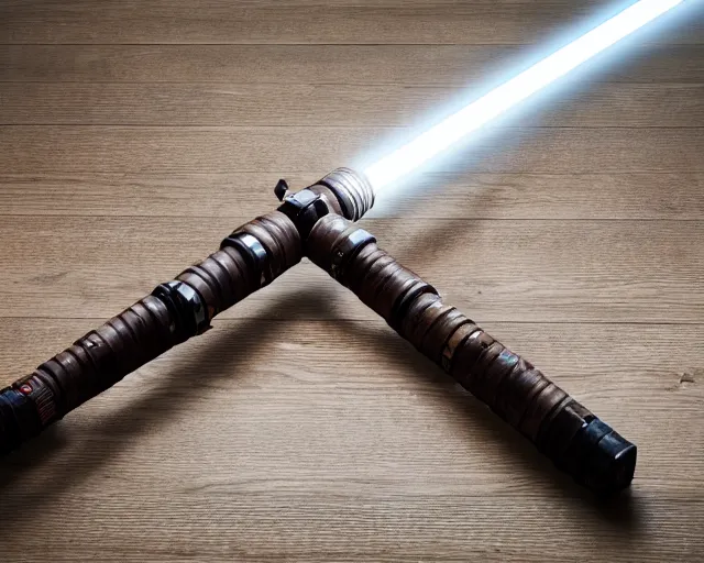 Image similar to a photograph of a lightsaber on a wooden table, very detailed, high definition,