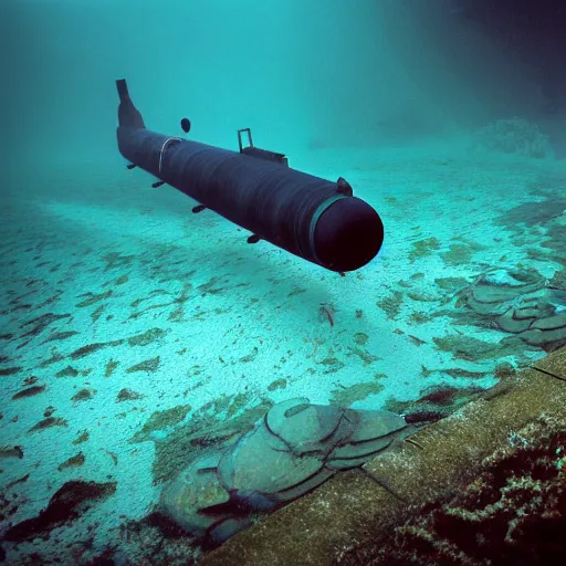 Image similar to A man swimming underwater, being chased by a submarine