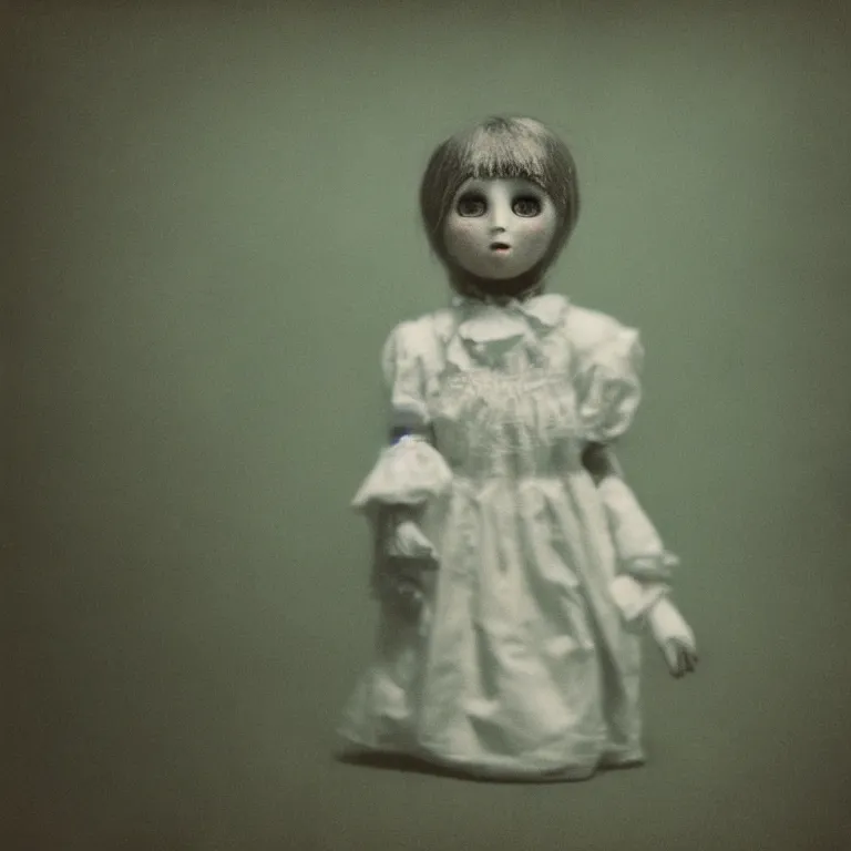 Prompt: a grainy, tilt shift photo of a creepy sad doll. Silver Gelatine Process. Expired film.