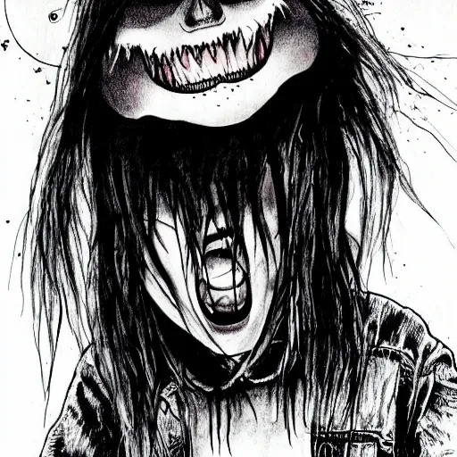 Image similar to grunge drawing of a happy raven in the style of the grudge | horror themed | loony toons style