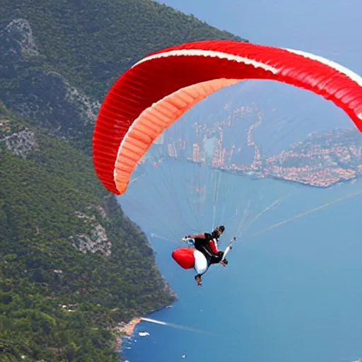 Image similar to recep tayyip erdogan is paragliding in oludeniz.