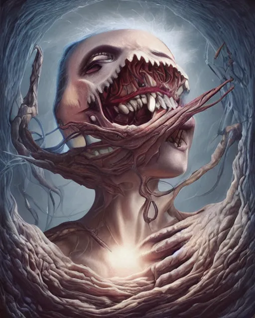 Image similar to death is swallowed up in victory, very detailed and beautiful womans face, screaming with fear, artwork by artgerm, centered shot, wide angle, full body, elfpunk, artwork by naoto hattori, landscape art by john howe