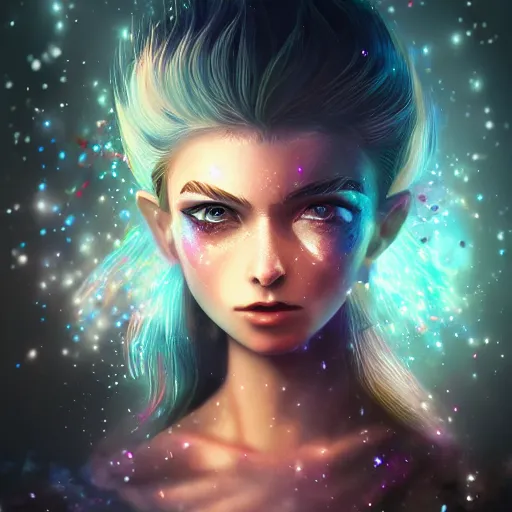 Image similar to digital 2 d, fantasy, illustration, fan art, digital art, digital painting, semi realism, semi realistic, portrait, glitter, crystal, glitters, ranni, fromsoftware, eldenring, fanart, iridescent, holographic, artstation