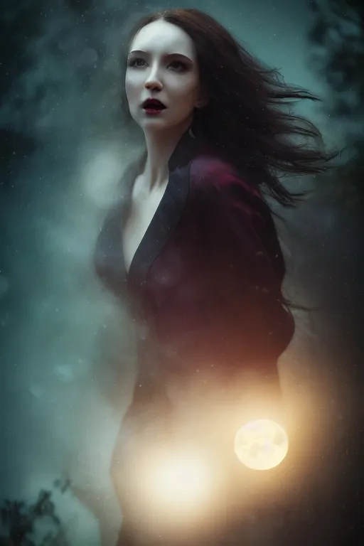 Image similar to Riveting Charismatic female vampire Pandora, portrait, atmospheric lighting, painted, intricate, Highgate cemetery, volumetric lighting, beautiful, moon light, sharp focus, ultra detailed, by Leesha Hannigan, Ross Tran, Thierry Doizon, Kai Carpenter, Ignacio Fernández Ríos