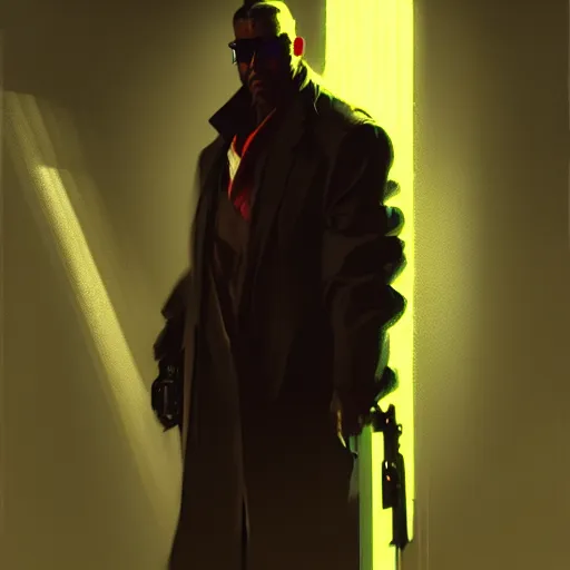 Image similar to imposing and relaxed cyberpunk gangster with dramatic volumetric god rays by john singer sargent, syd mead, craig mullins, finnian macmanus, sung choi, ruan jia. cinematic keyframe concept art on artstation