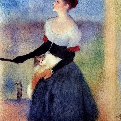 Prompt: Ciri holding a cat, art, minimalistic painting, watercolor on paper, high quality, by Edgar Degas, by Georges Seurat