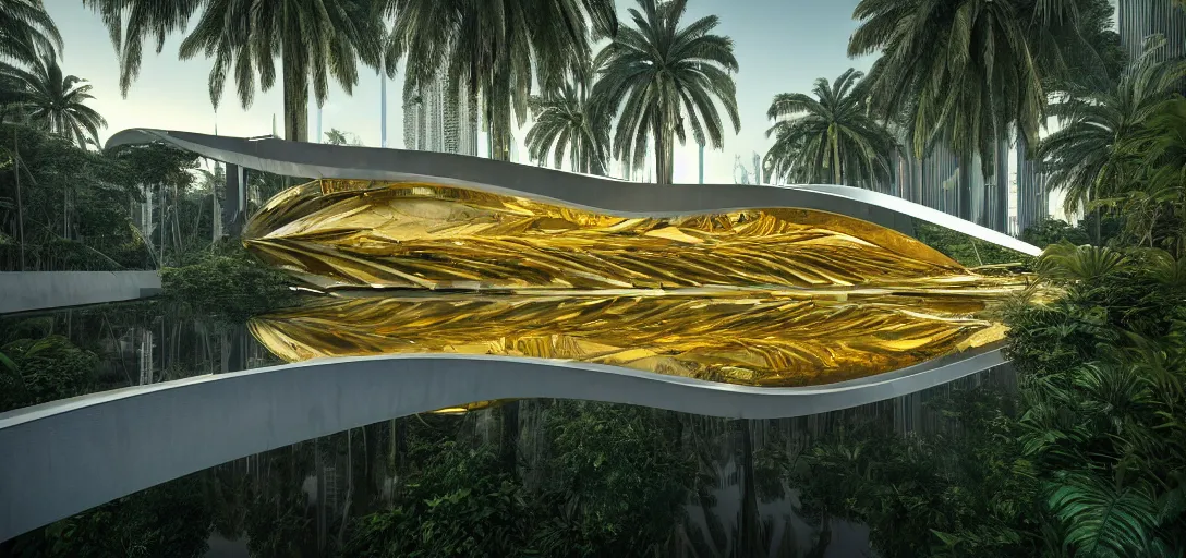 Prompt: futuristic shinny golden mirror building camouflaged in an jungle landscape of a solarpunk world by frank gerhy and oscar niemeyer, shinny golden roads and bridges designed by zaha hadid, movie poster, spiral golden ratio, at dusk lighting, evening lighting, reflections, film still, hyper realistic, octane render redshift arnold materials unreal engine, 8 k post production, hyper detailed