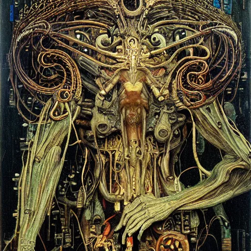 Image similar to depraved cybernetic demon, circuitry, intricate detail, klimt, frazetta, giger,