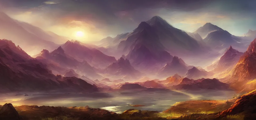 Prompt: vast beautiful landscape, color palette, wide angle, panoramic, distant mountains, lake, painting, magic the gathering, intricately detailed, award winning, artstation award, color scheme, fantasy, concept art