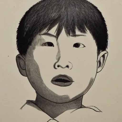 Image similar to chinese boy with short hair, black ink drawing