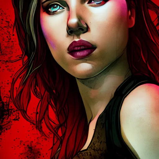 Image similar to scarlett johansson portrait, borderlands, tales from the borderlands, the wolf among us, comic, cinematic lighting, studio quality, 8 k