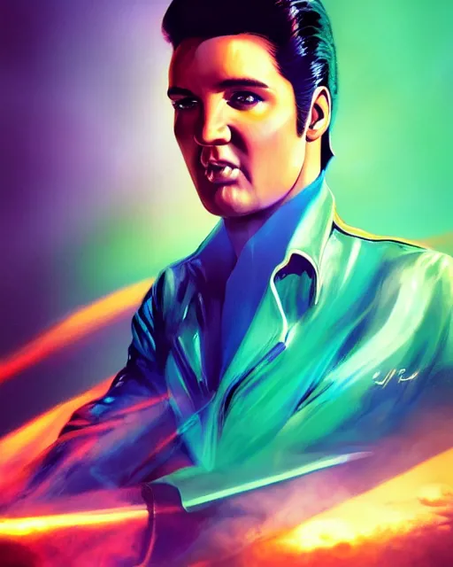 Image similar to a powerful energy elvis presley, by alexander fedosav, hyper detailed digital matte painting, concept art, hyperrealism, 1 6 k resolution, cinema 4 d, 8 k resolution, trending on artstation, behance hd, a masterpiece, by stephan martiniere, particles, cel - shaded, power bright neon energy, by david a. hardy,