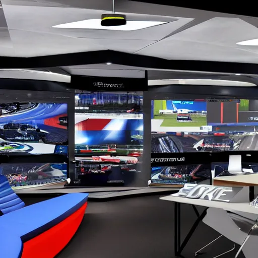 Image similar to sport newsroom for formula 1, realistic