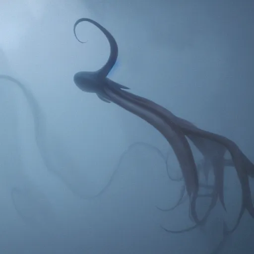 Prompt: a giant squid octopus chimea hanging from the clouds over a rain forest, still from the movie the arrival, 8k