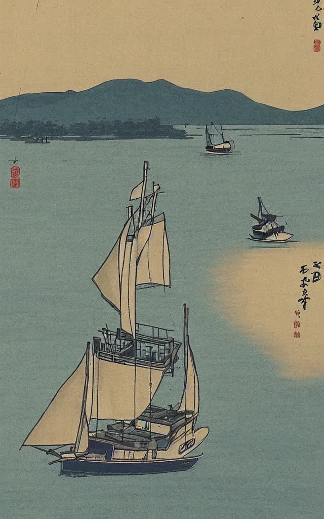 Prompt: 🌅 ⛵. shin - hanga.