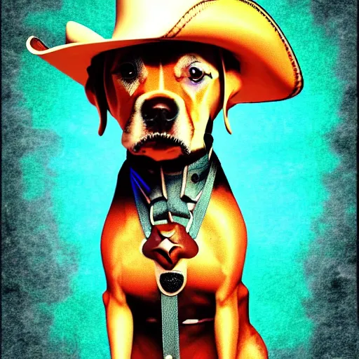 Image similar to a cute dog wearing a cowboy hat,pale colors, google deep dream