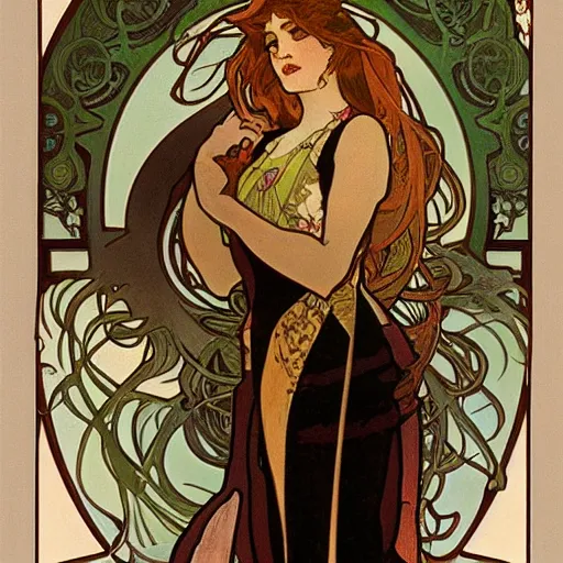 Image similar to Illustration by Alphonse Mucha of a female vampire