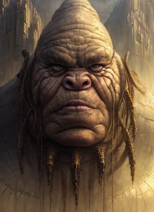 Image similar to closeup portrait shot of a ogre in a scenic dystopian environment, intricate, elegant, highly detailed, centered, digital painting, artstation, concept art, smooth, sharp focus, illustration, artgerm, tomasz alen kopera, peter mohrbacher, donato giancola, joseph christian leyendecker, wlop, boris vallejo