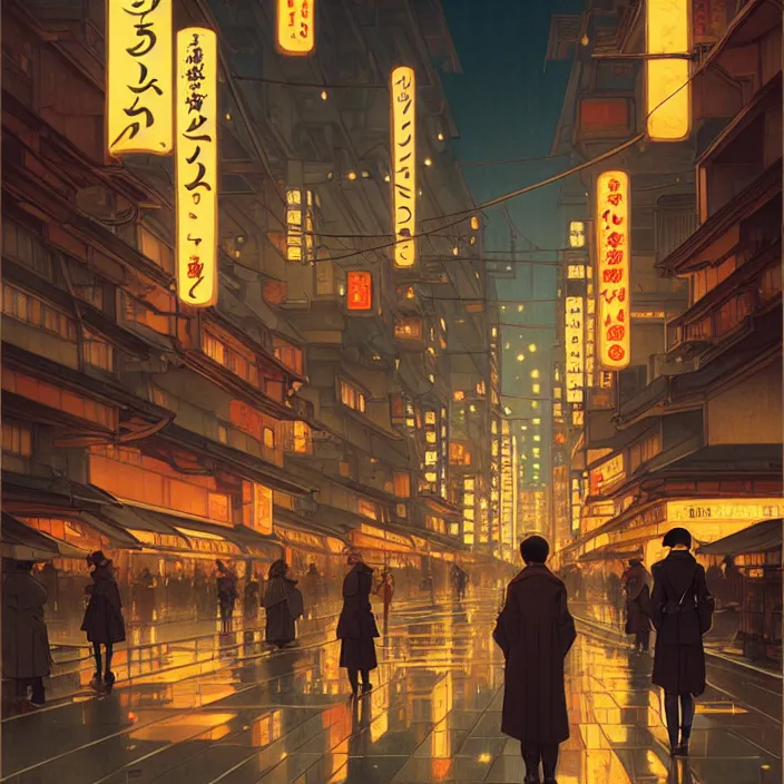 Image similar to empty tokyo at night, winter, in the style of studio ghibli, j. c. leyendecker, greg rutkowski, artem