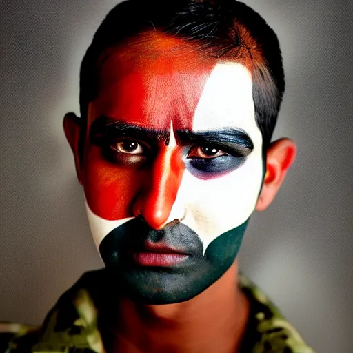 Image similar to a dramatic photograph of soldier from india, indian flag painted on his face, cinematic lighting