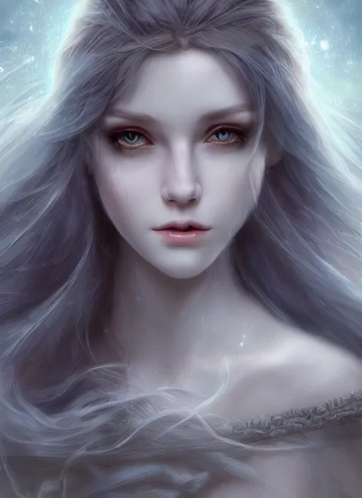 Image similar to pale, beautiful fairy spirit with long hair, fantasy, elegant, concept art, sharp focus, beautiful face!!, digital art, Hyper-realistic, 4K, Unreal Engine, Highly Detailed, HD, Dramatic Lighting, Beautiful, by Brom, trending on Artstation