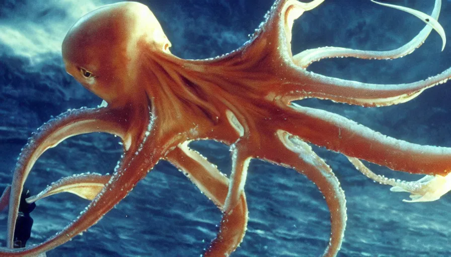 Prompt: Big budget movie by James Cameron about a squid attacking Tokyo