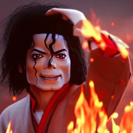 Image similar to cinematic film still of Michael Jackson starring as a Samurai holding fire, Japanese CGI, VFX, 2022, 40mm lens, shallow depth of field, film photography