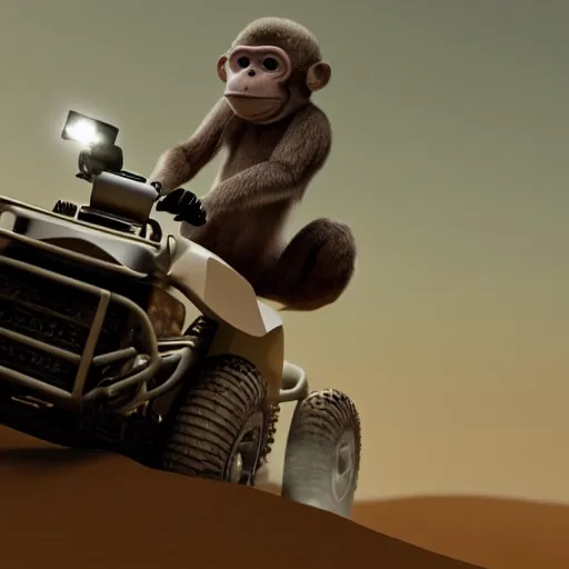 Prompt: render of monkey wearing a space helmet riding an atv on the moon,