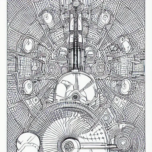 Image similar to Simplistic coloring book of a turbine blueprint, black ball pen on white paper, by Josan Gonzalez and Geof Darrow