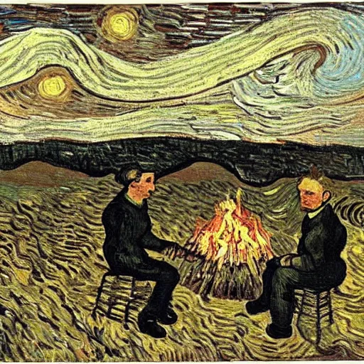 Image similar to painting of a man in hell making smores, by van gogh.