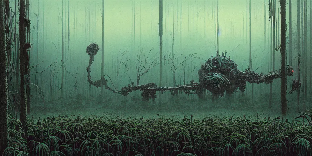 Prompt: grainy risograph matte painting, gigantic huge mech covered with wounds, black, a lot of exotic vegetation, trees, flowers, tall grass, pastel matte colors, staying in the foggy huge swamp covered with web and cotton and a lot of glow - worms, by moebius, hyperrealism, intricate detailed