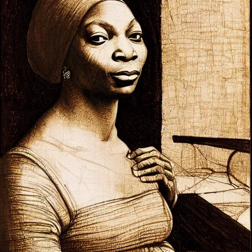 Image similar to of leonardo davinci sketching studies of nina simone