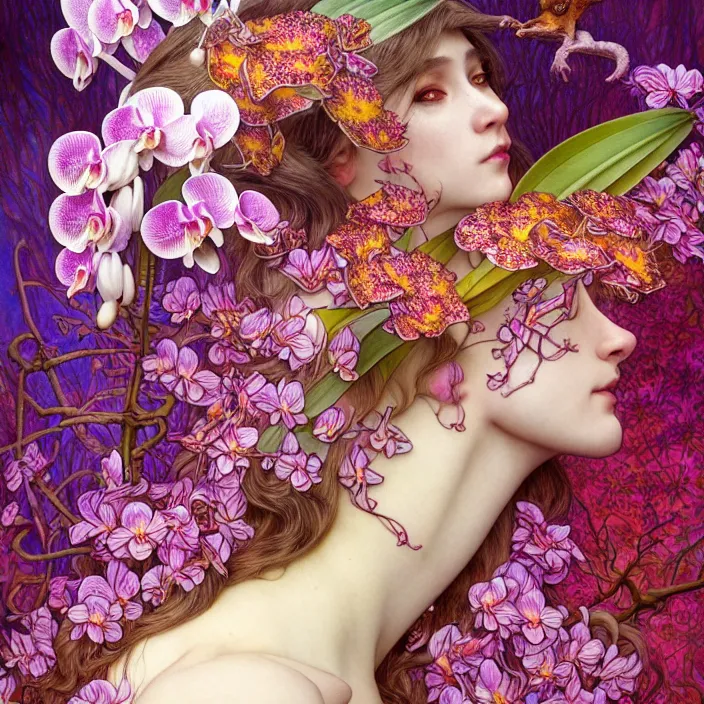 Image similar to psychedelic LSD animal, orchid, cherry blossom tree, mushrooms, diffuse lighting, fantasy, intricate, elegant, highly detailed, lifelike, photorealistic, digital painting, artstation, illustration, concept art, smooth, sharp focus, art by John Collier and Albert Aublet and Krenz Cushart and Artem Demura and Alphonse Mucha and Giuseppe Arcimboldo