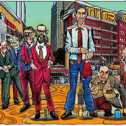 Prompt: The Artwork of R. Crumb and his Cheap Suit Rockers, pencil and colored marker artwork, trailer-trash lifestyle