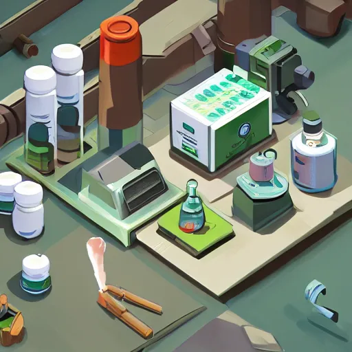 Prompt: isometric game asset of a chemical lab, in gouache detailed paintings, props, stylized, 2 d sprites, kitbash, overwatch, white and light green color scheme, 8 k, close up