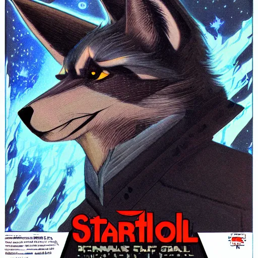 Image similar to 1 9 8 0 s video game art of anthropomorphic wolf o'donnell from starfox fursona furry wolf in a dark space mercenary uniform, looking heroic, magazine scan, 8 0 s game box art, dark grey wolf o'donnell