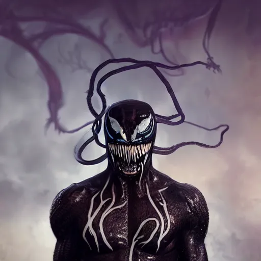 Image similar to portrait of venom, intricate artwork, concept art, octane render, deviantart, cinematic, key art, hyperrealism, iridescent accents, portrait photograph, nikon 3 5 mm, photograph by greg rutkowski