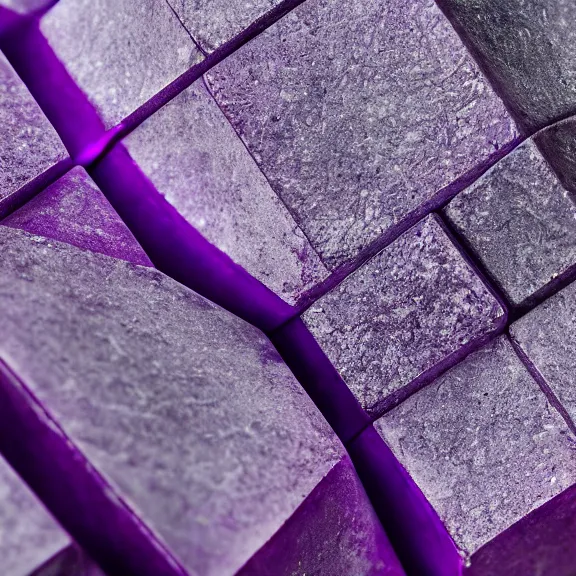 Image similar to a 4 k photorealistic photo close up of a purple stone cube, mysterious.