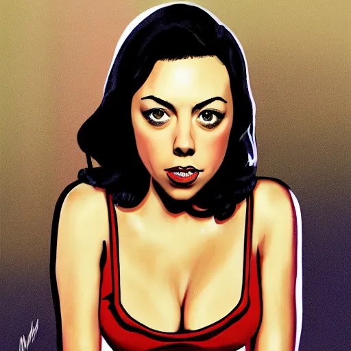 Image similar to aubrey plaza pinup, art by michael miller