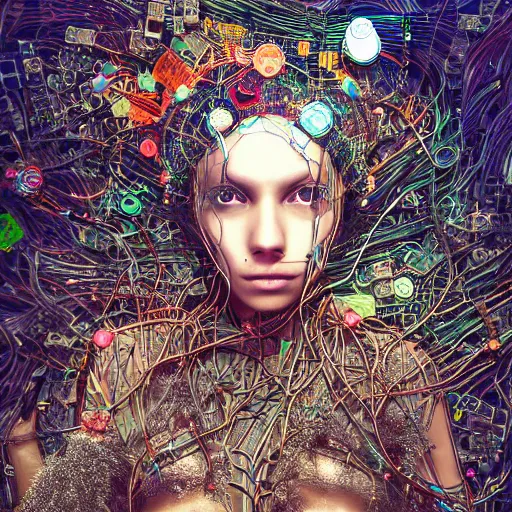 Image similar to swimming deeper into the multiverse, piles of modular synth cables mixed with mangrove roots, kawaii puerto rican goddess chilling out wearing a headpiece made of circuit boards, by cameron gray, wlop, stanley kubrick, masamune, hideki anno, jamie hewlett, unique perspective, trending on artstation, 3 d render, vivid