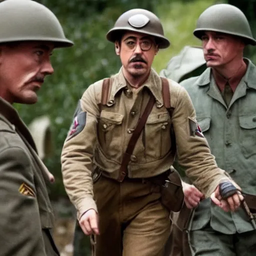 Image similar to robert downey jr as a us ww 2 soldier during the liberation of france, highly detailed, cinematic lighting, photorealistic