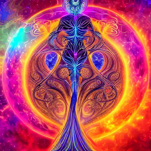 Prompt: hallucionational imaginery spirits, gaia, human form with third eye and peacock tail, tree of life, swirls, energy, nebula, dream, xray art, fractal, symmetrical, in the style of pablo amaringo, alex grey, hana alisa omer, psychedelic, beautiful, imaginative, vibrant, 3 d octane render 4 k