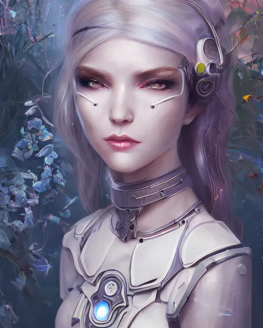 Prompt: holy cyborg necromancer girl, elegant, scifi, futuristic, utopia, garden, atmosphere, white hair, blue eyes, extreme detail, glow, intricate, full of colour, cinematic lighting, trending on artstation, detailed, 4 k, art by yuhong ding and chengwei pan and serafleur and ina wong